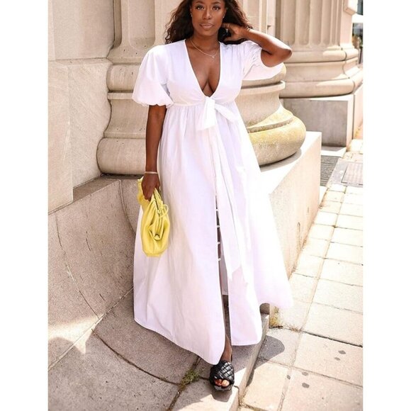 The Drop 100% Cotton White Maxi Dress Lagenlook With Pockets Front Bow Tie Sz SP - Picture 1 of 13